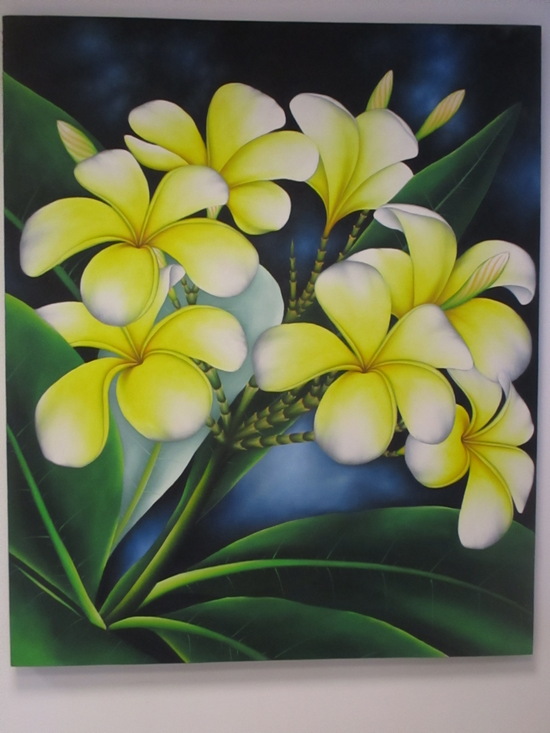 PUT/760 Quadro batik dipinto a mano cm120x100 frangipani giallo - Clicca l'immagine per chiudere